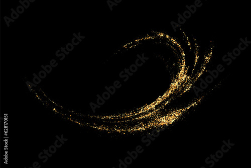 Golden shiny wave of sparkling glitter particles. Gold glitters on a black background.
