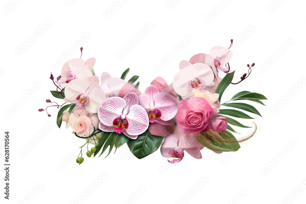 Pink rose and orchid flowers with tropical green leaf. Vector illustration design.