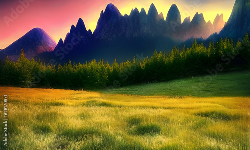 Serene Mountain Dreamscape: Ethereal Summer Meadow with Majestic Peaks - Surreal and Tranquil Landscape Photography