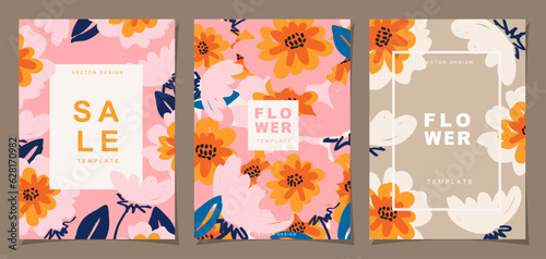 Flower template set for poster, card, cover, label, banner in modern minimalist style and simple summer design templates with florals and plants.