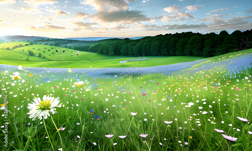 Nature's Symphony: Capturing the Harmony of Summer Meadow with Delicate Wildflower, Majestic Mountains, and Dynamic Skies - Stock Photography