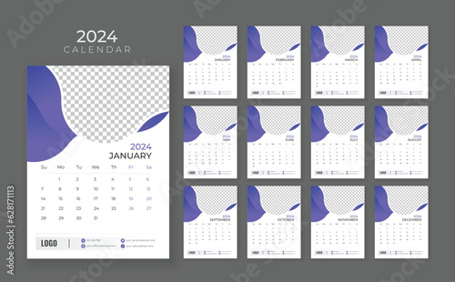 12 page wall calendar 2024, Company Calendar template, Week start Sunday, Wall calendar in a minimalist style