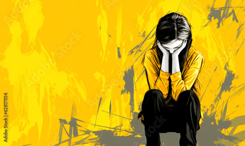 Fotografie, Tablou Sadness woman on yellow background illuatration