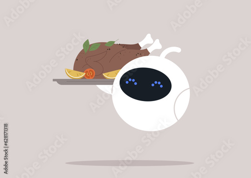 A robotic waiter carrying a roasted chicken served with herbs and vegetables on a silver tray