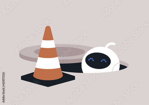 Inside an open manhole marked with a traffic orange cone, a cute white robot performing maintenance works