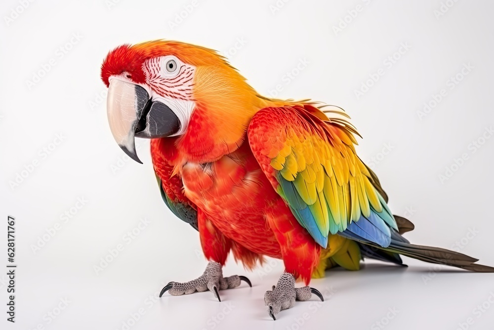A beautiful macaw parrot with bright red, blue, green and yellow feathers on a white background.