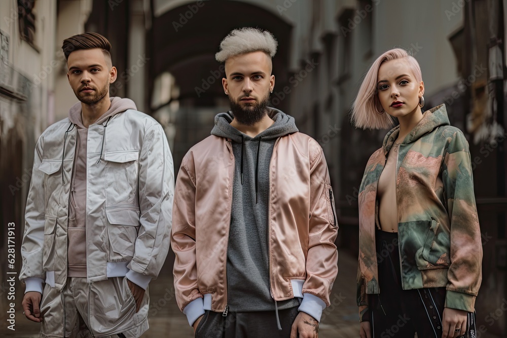 streetwear and urban fashion shoot, with models posing in different looks