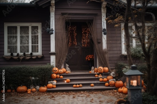 The porch of the beautiful house is adorned with colorful pumpkins and holiday decorations, creating the perfect stage for Halloween celebrations.