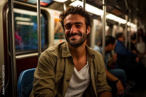 a close-up face handsome white american model passenger man driving a public transport subway metro train underground. people in background. sitting on a seat. drive to railway station. Generative AI