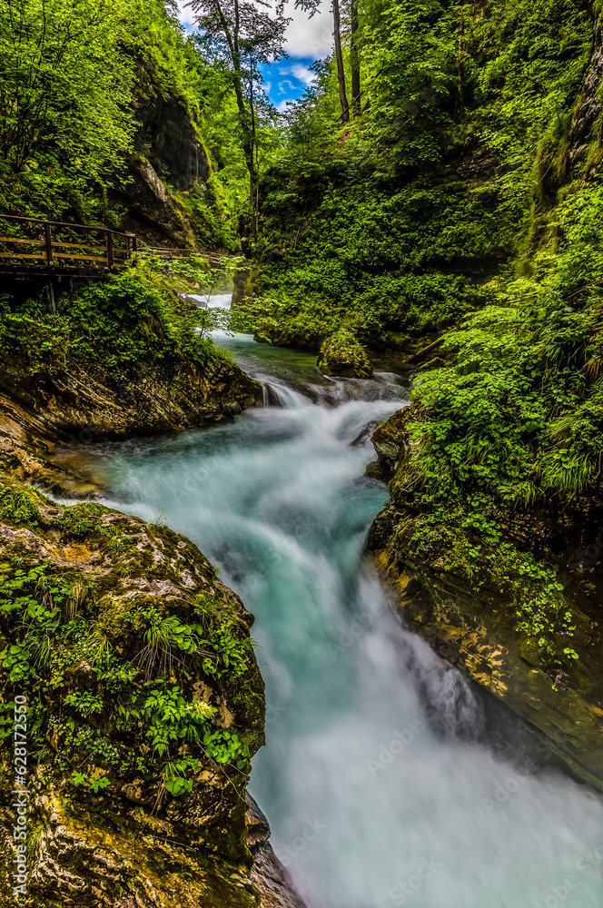 A long exposure view down the turbulent Radovna River as it surges over rapids in the Vintgar Gorge in Slovenia in summertime