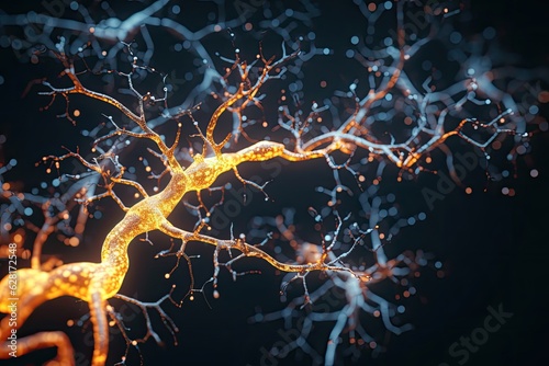 Close-up view of neuron cells - abstract medical image with interconnected synapses on black background. Photo generative AI