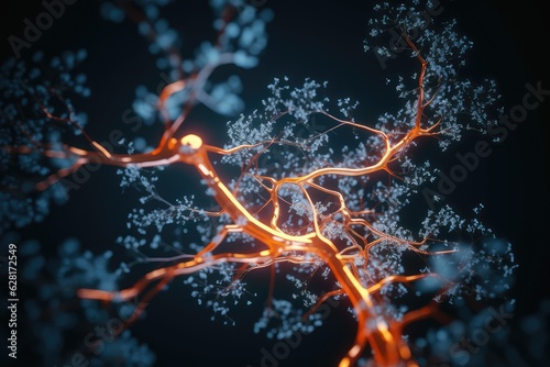 Close-up view of neuron cells - abstract medical image with interconnected synapses on black background. Photo generative AI © pixardi