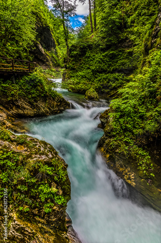 Fototapeta Naklejka Na Ścianę i Meble -  A long exposure view down the turbulent Radovna River as it surges over rapids in the Vintgar Gorge in Slovenia in summertime