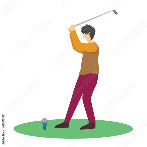 Young Man Swinging with Golf Club, Male Golfer Player Playing Golf on Course, Outdoor Sport or Hobby Vector Illustration