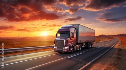 Paint a picturesque image of a long-haul truck transporting colorful containers on a vast highway, with the sun setting on the horizon Generative AI