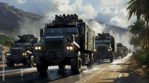 Create a realistic painting of a convoy of armored security trucks, carrying valuable cargo, flanked by a team of vigilant guards Generative AI
