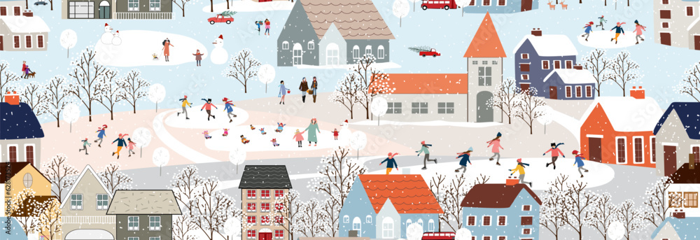 Seamless pattern Winter landscape,Celebrating Christmas and New Year 2024  in City at night with happy people playing ice skate in the park,Vector horizontal banner winter wonderland in countryside