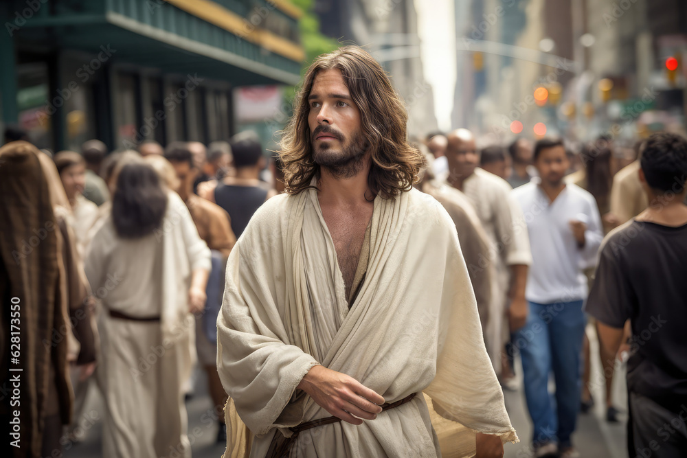 Jesus Christ walking in the city street, generative AI