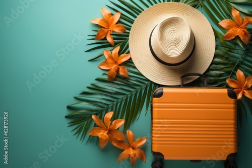 Vacation concept. An overhead shot of a Sun Hat with palm leaves and suitcase. teal background with space for promotion. Copy Space. Made With Generative AI.