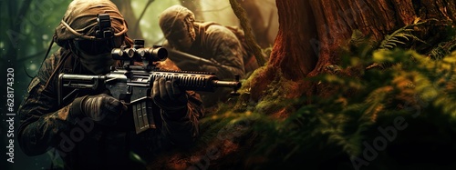 A small group of mercenary soldiers during an ambush in the forest. They aim at the enemy, hiding behind the trunks of fallen trees.