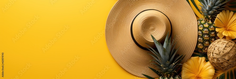 Vacation concept. Sun Hat, palm leaves, pineapple, bag on a vibrant yellow background with space for promotion. Made With Generative AI.