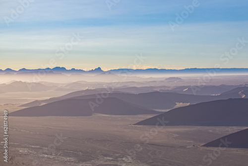 Namibia, aerial view of the Namib desert, sunrise, in rain season 