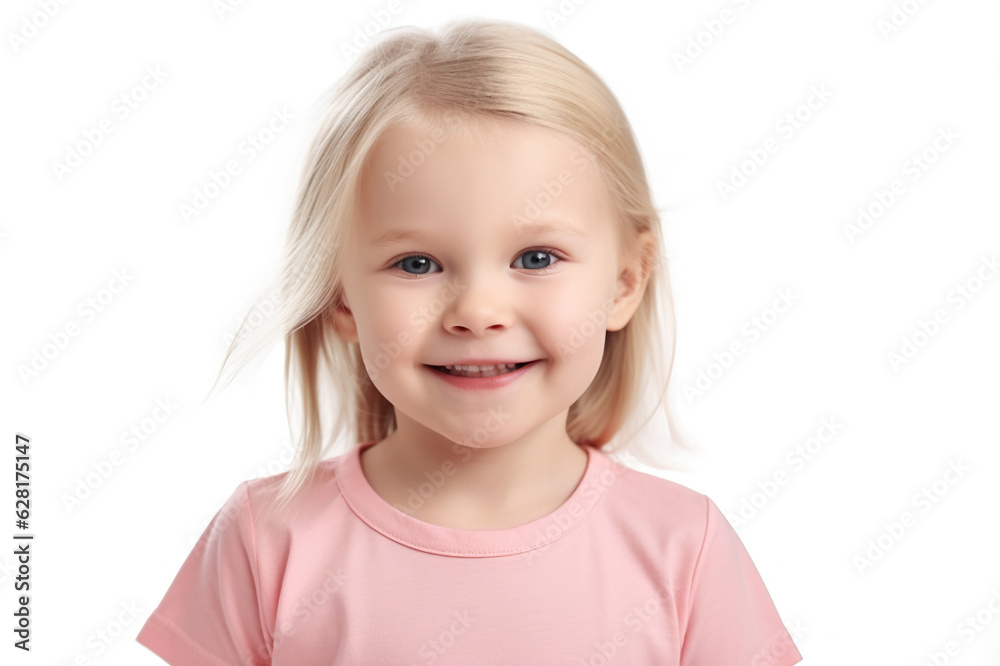 Portrait of a beautiful little blonde girl in a pink sweater, happy smiling on a white background. generative ai Portrait of a beautiful little blonde girl in a pink sweater, happy smiling on a white background. generative ai