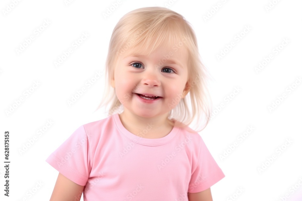 Portrait of a beautiful little blonde girl in a pink sweater, happy smiling on a white background. generative ai Portrait of a beautiful little blonde girl in a pink sweater, happy smiling on a white background. generative ai