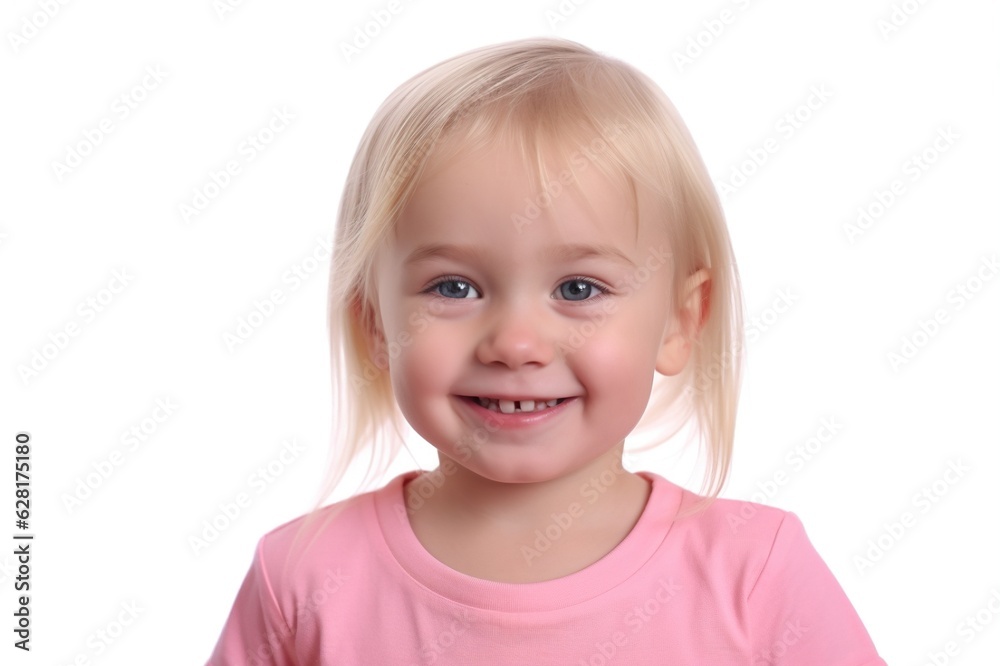 Portrait of a beautiful little blonde girl in a pink sweater, happy smiling on a white background. generative ai