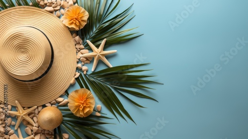 Vacation concept. An overhead shot of a Sun Hat with palm leaves. Background with space for promotion. Copy Space. Made With Generative AI.