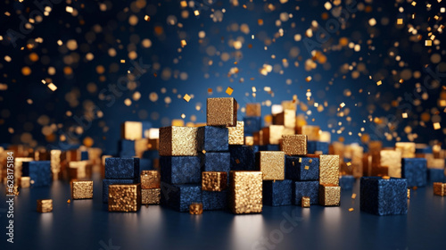 Glitter vintage lights background. gold  silver  blue and black. defocused.Abstract glowing wallpaper background
