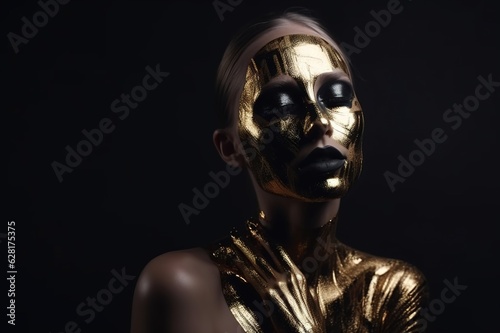 Close-up portrait of a fantasy woman's face in golden paint. Golden shiny skin. metallic makeup. black studio. generative AI
