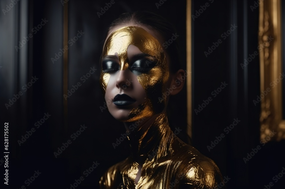 Close-up portrait of a fantasy woman's face in golden paint. Golden shiny skin. metallic makeup. black studio. generative AI