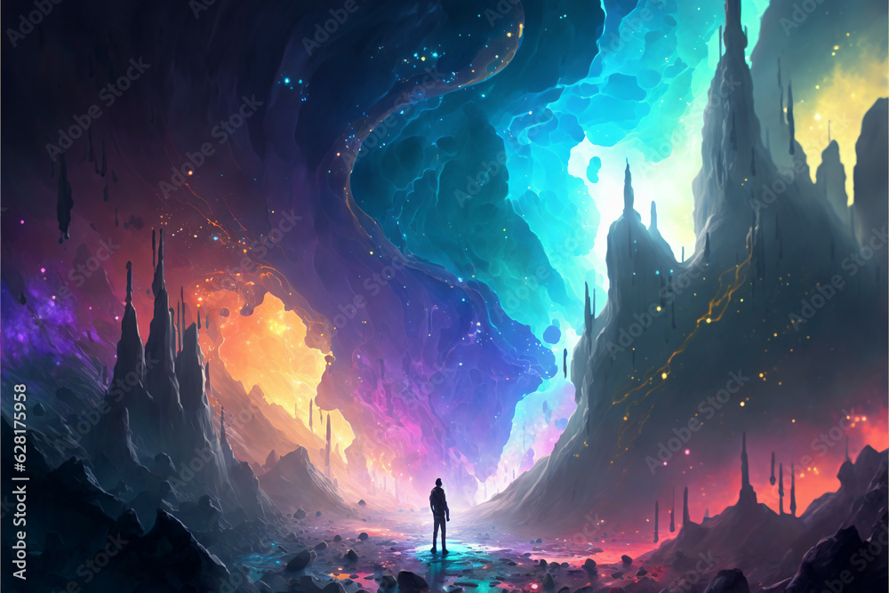 Cosmic journey to infinity: fantasy colors streaming into endless space, Generative AI