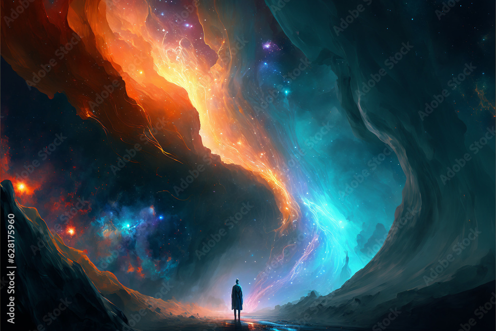 Cosmic journey to infinity: fantasy colors streaming into endless space, Generative AI