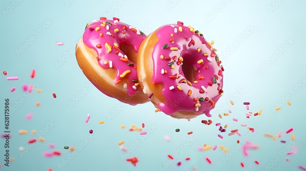 Photo of a flying pink donut, generated by AI