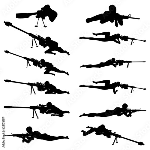 Bundle of illustrations of soldier silhouettes aiming with sniper