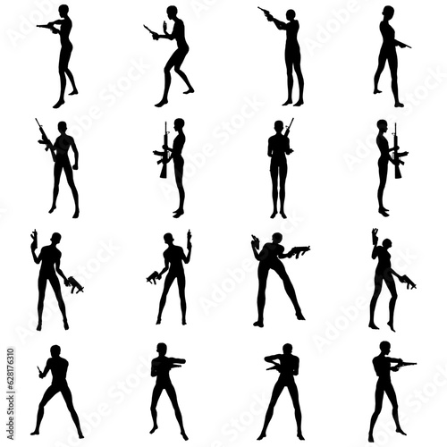 Bundle of illustrations of soldier silhouettes posing with guns
