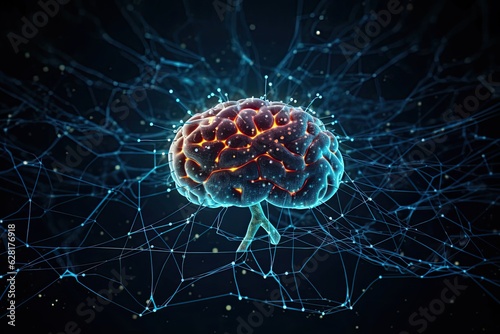 AI concept - digital neuron connections, hologram brain view, innovative technology, plexus lines. Photo generative AI