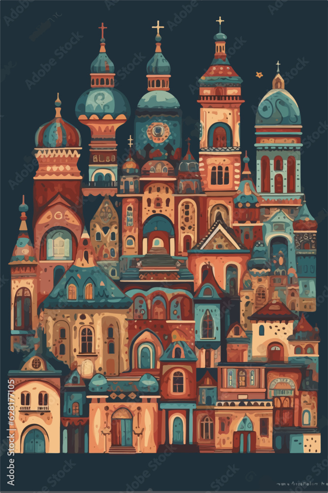 Fototapeta premium Maximalist medieval abbey, naive art 