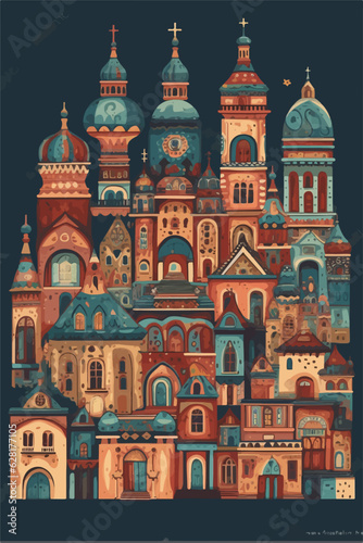 Maximalist medieval abbey, naive art 