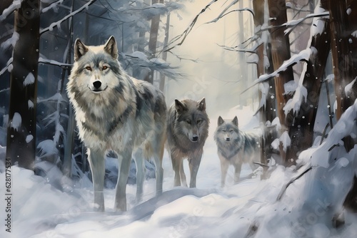 AI generated image of a wolves in winter forest. © Stavros