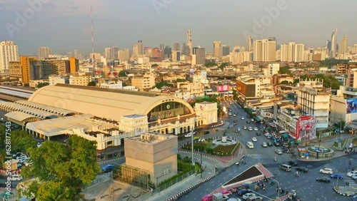 Bangkok,Thailand-February,20,2020:Aerial view Hua Lamphong main train station in Bangkok. .the main hub for intercity and international train services in Thailand. .cityscape background.. photo