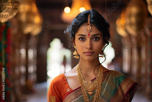 A beautiful young woman in a traditional Hindu dress and jewelry looking at camera. Close-up portrait of a young Hindu woman.
