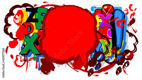 Red Graffiti speech bubble on colorful background. Abstract modern Messaging sign street art decoration, Discussion icon performed in urban painting style.