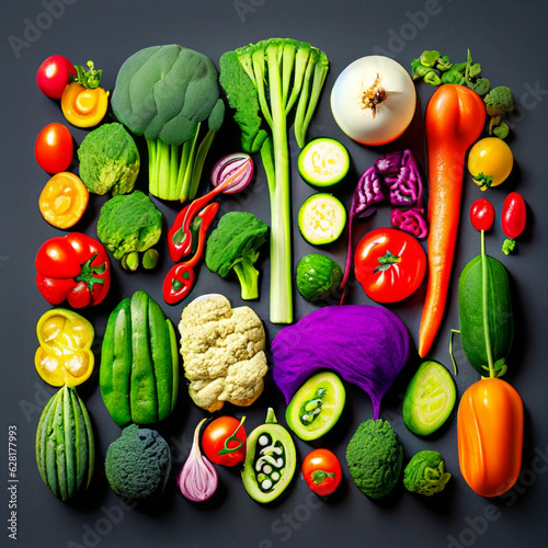 Top view of various salad vegetables on the dark black background. Fresh fruit and Vegetable concept. Nutrition and vitamin theme. Generative AI