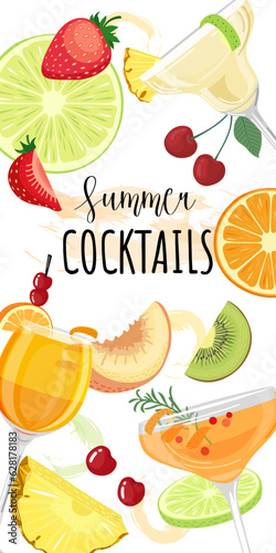 Vector illustration of a cocktail and fruits on a white background. Summer card, flyer, banner, illustration for print, for menu cover, bar card.