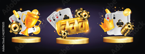 Foto 3D casino poker icon concept, vector roulette online gambling winner chip, golden podium card design