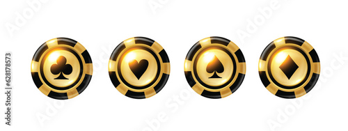 3D golden poker chips, vector casino coin badge, VIP slots roulette bet icon, blackjack club element. Royal game money award, Vegas gambling success symbol, shiny lucky medal set. Golden chips design