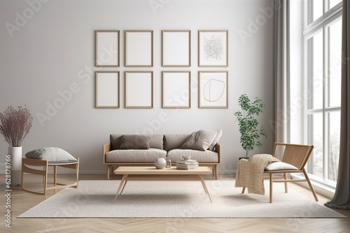 living room with grey walls plants wooden sofa set and portrait